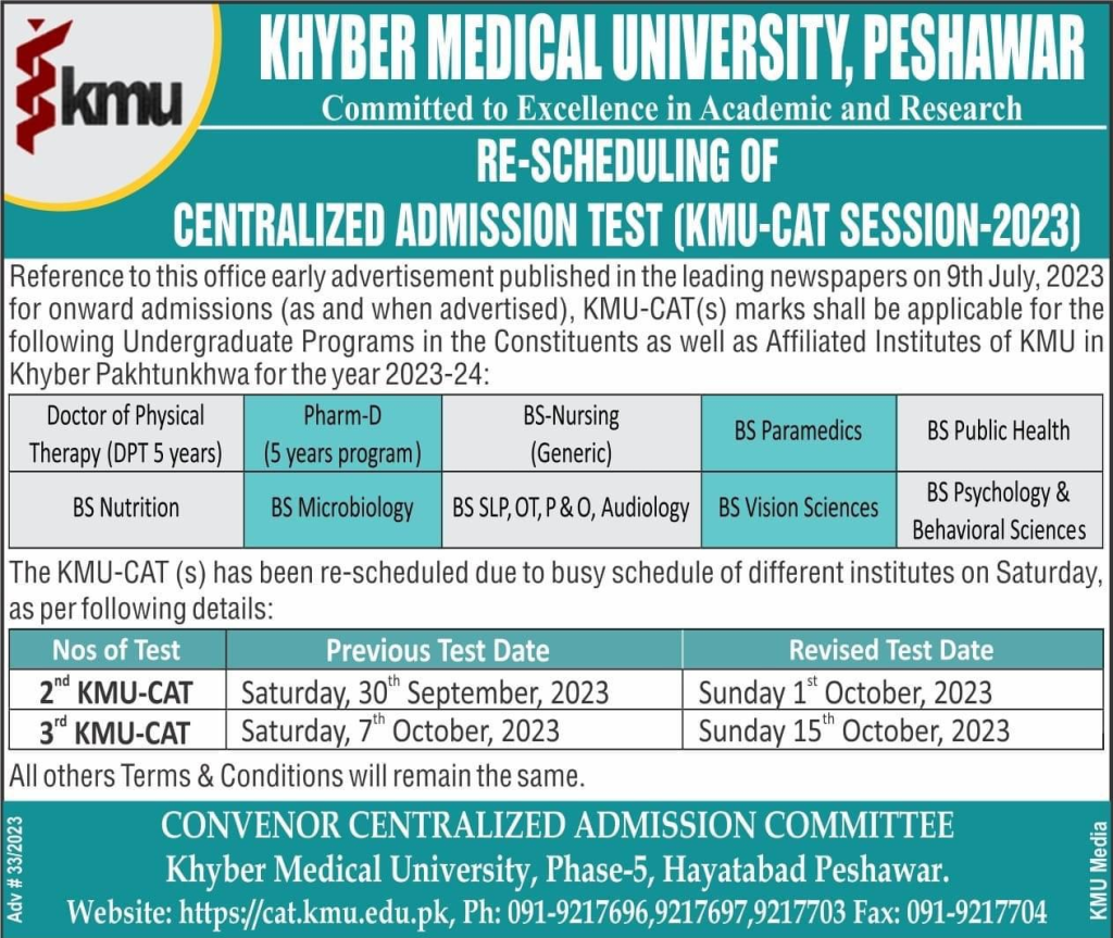 KHYBER MEDICAL UUNIVERSTY PESHAWAR RE-SHEDULING OF CENTRALIZED ADMISSION TEST (KMU-CAT-SESSION-2023)